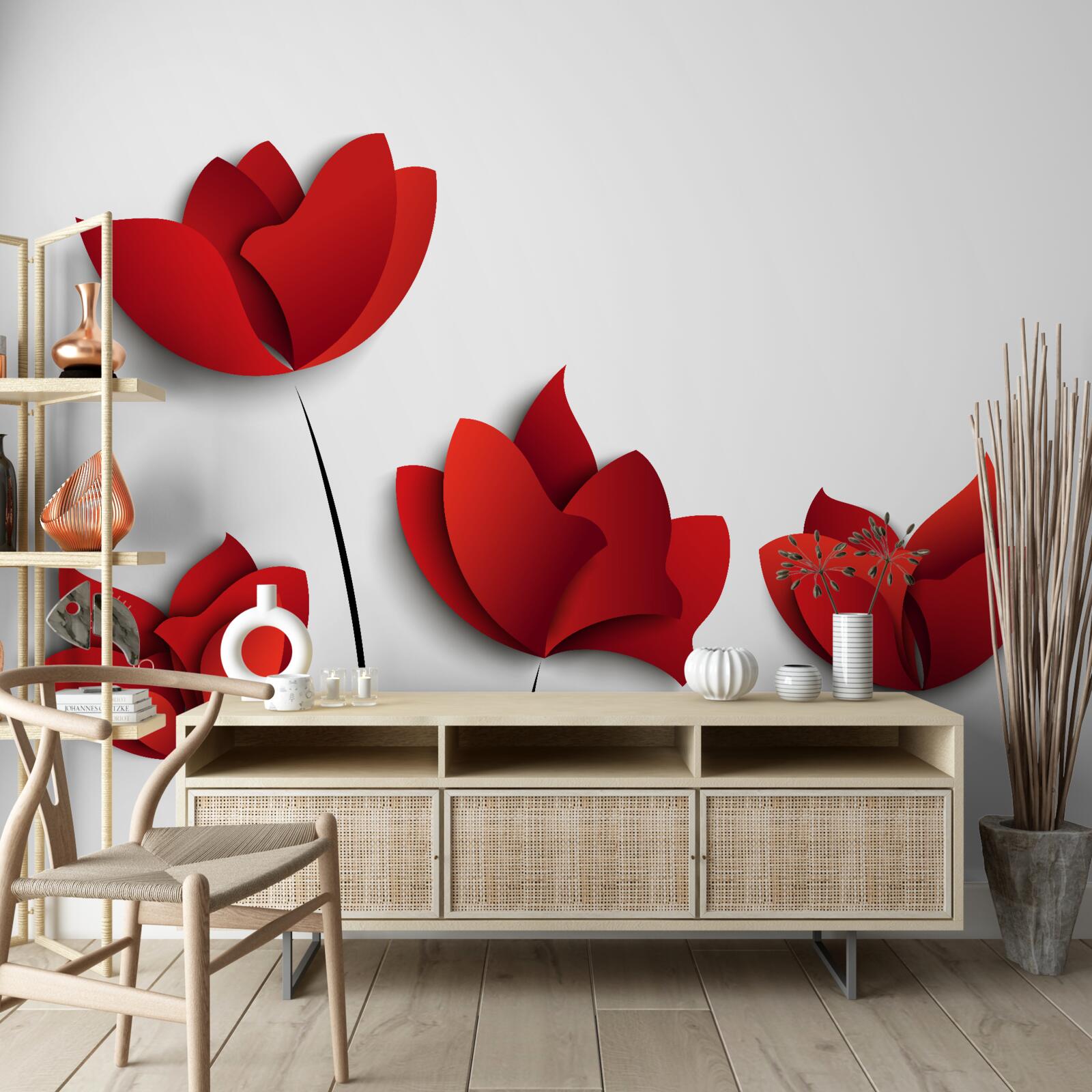 Fotobehang roodgekleurde bloemen tegen een achtergrond van witte zuiverheid