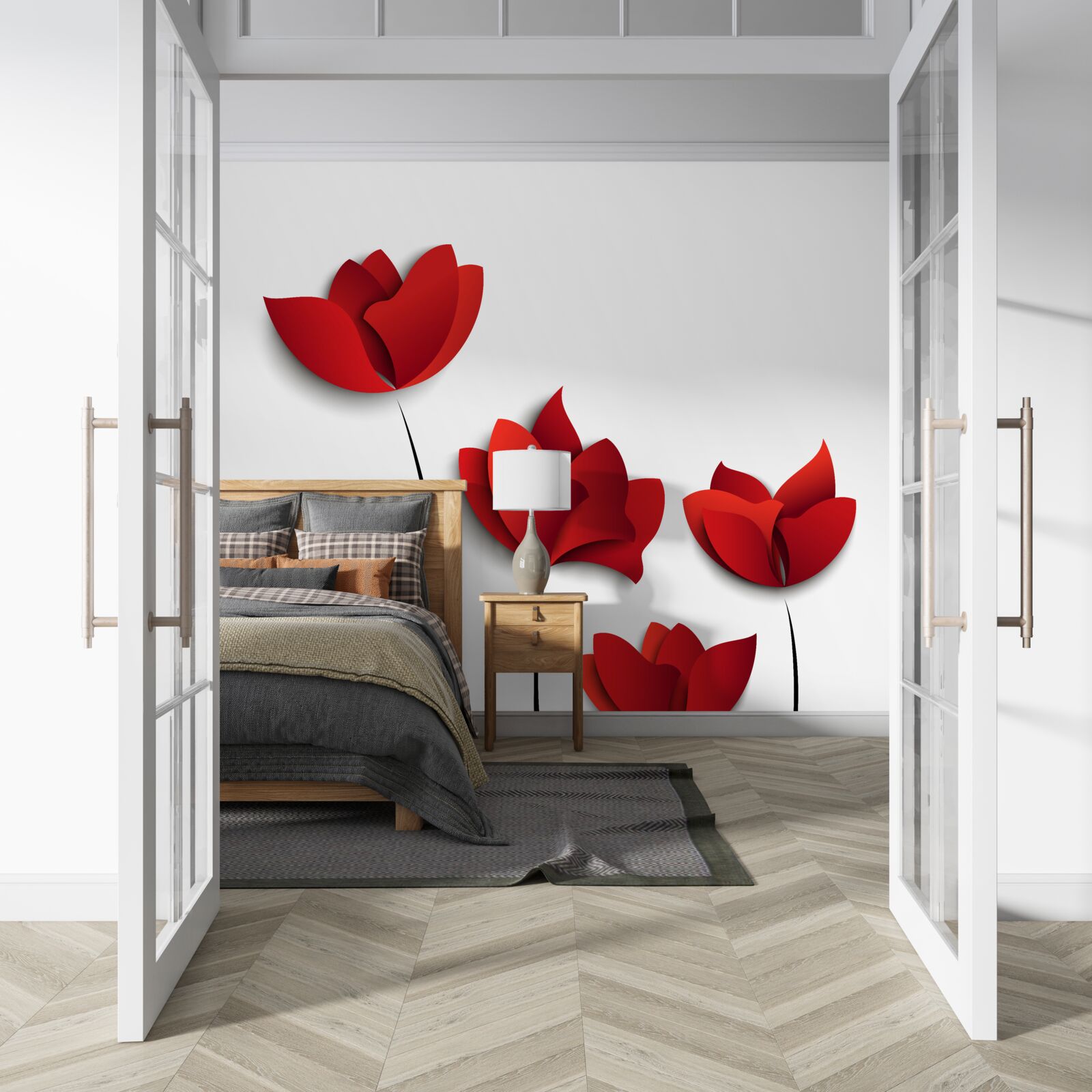 Fotobehang roodgekleurde bloemen tegen een achtergrond van witte zuiverheid