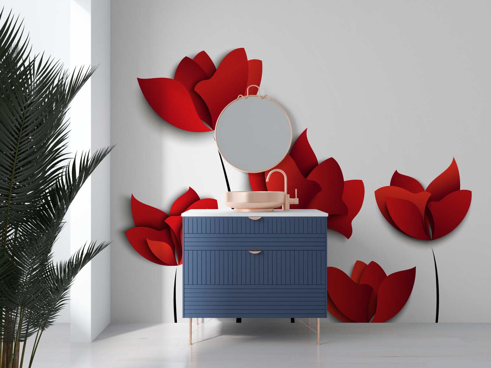 Fotobehang roodgekleurde bloemen tegen een achtergrond van witte zuiverheid