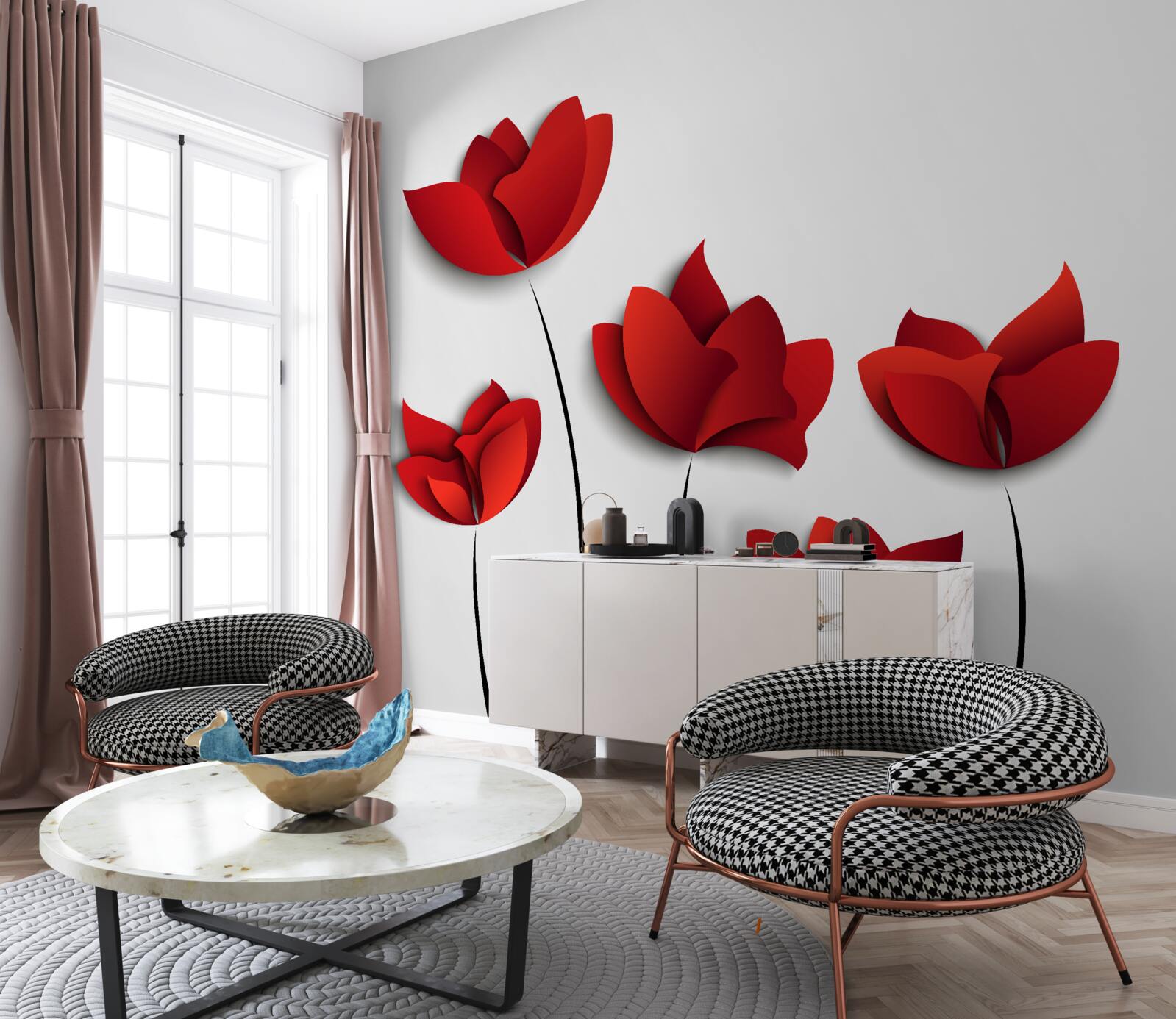 Fotobehang roodgekleurde bloemen tegen een achtergrond van witte zuiverheid