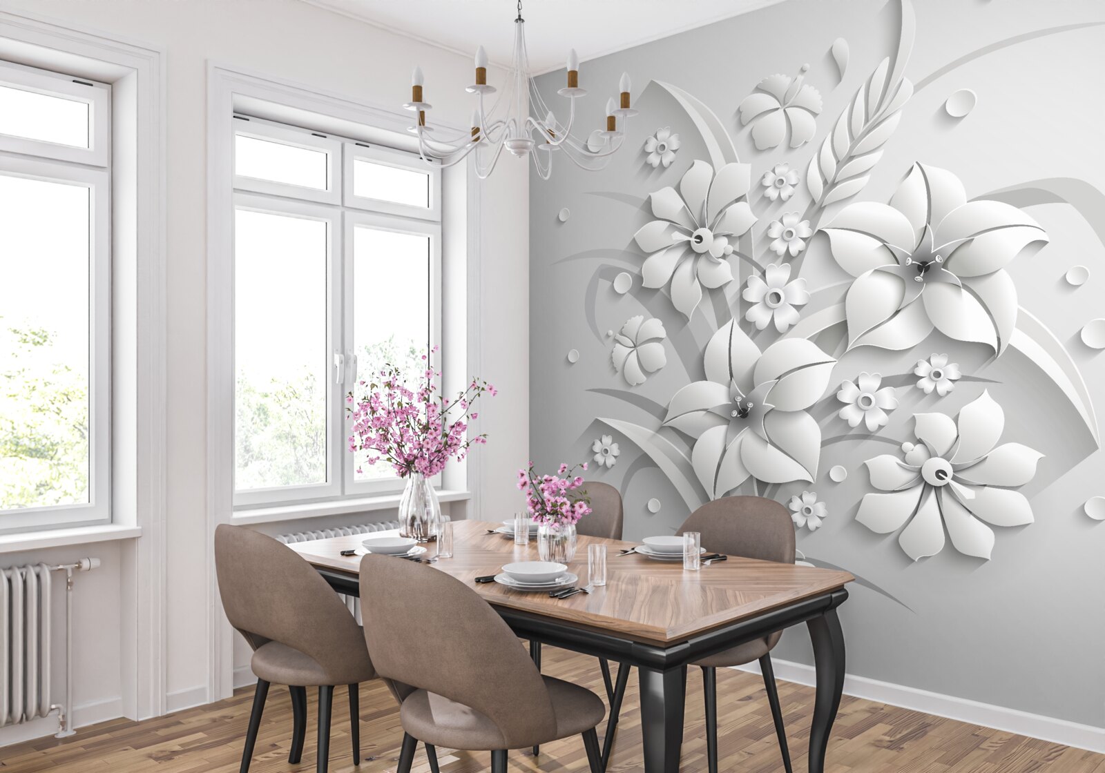 Fotobehang sneeuwwitte bloemen als melk, op een witte achtergrond