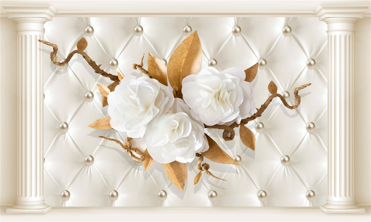 Fotobehang gouden takken en sneeuwwitte bloemen