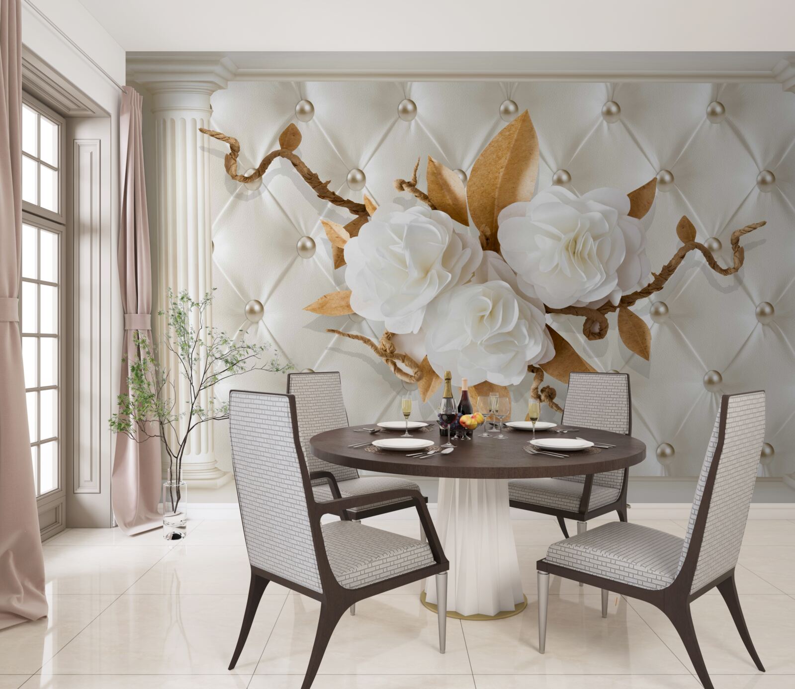 Fotobehang gouden takken en sneeuwwitte bloemen