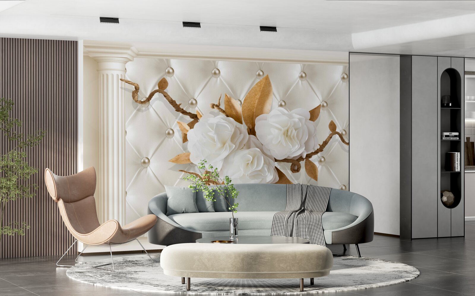 Fotobehang gouden takken en sneeuwwitte bloemen