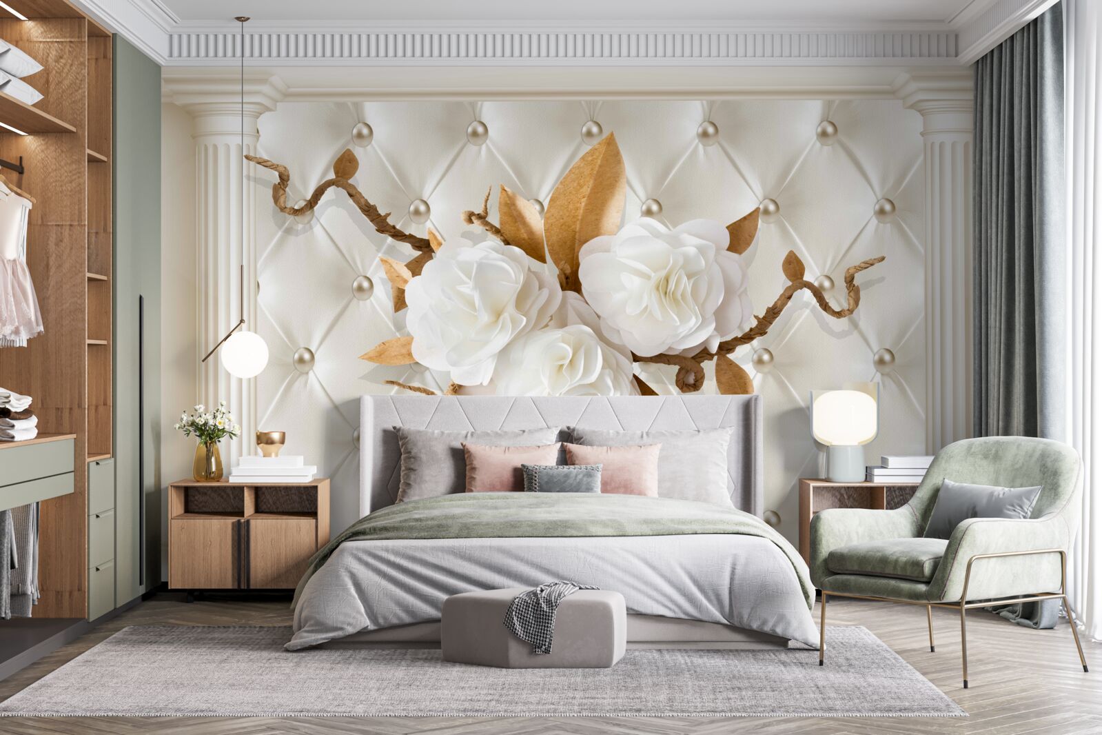 Fotobehang gouden takken en sneeuwwitte bloemen