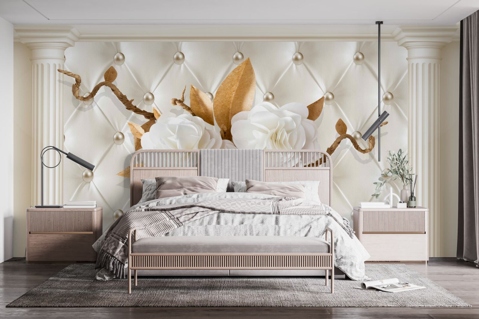 Fotobehang gouden takken en sneeuwwitte bloemen