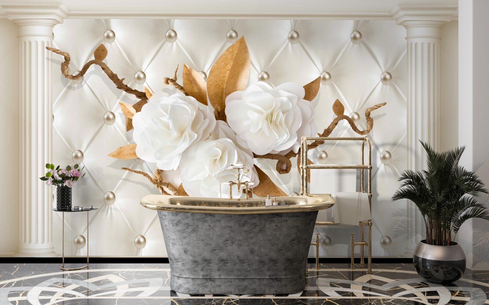 Fotobehang gouden takken en sneeuwwitte bloemen