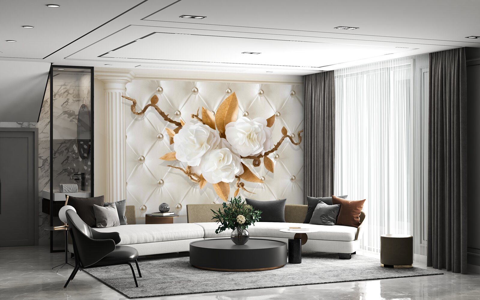 Fotobehang gouden takken en sneeuwwitte bloemen