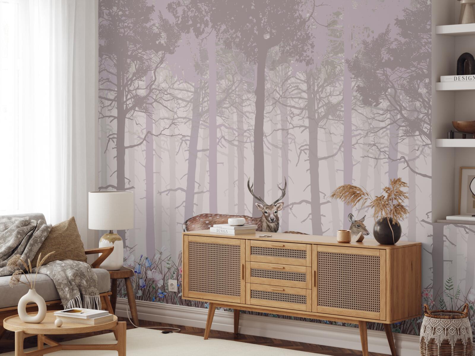 Fotobehang groep herten in een mistig dennenbos