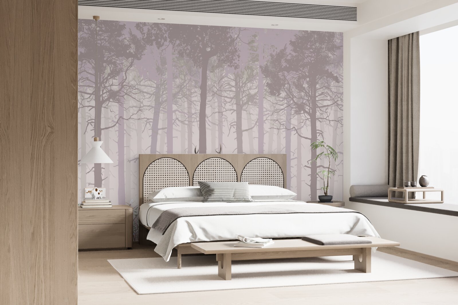 Fotobehang groep herten in een mistig dennenbos