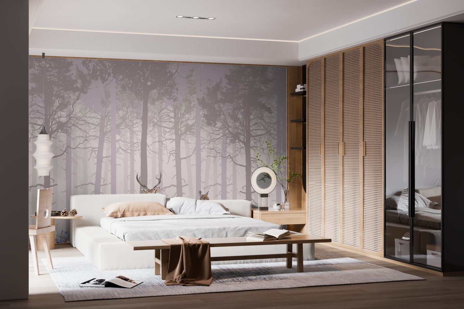 Fotobehang groep herten in een mistig dennenbos