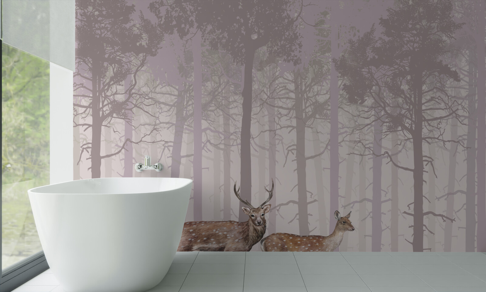 Fotobehang groep herten in een mistig dennenbos