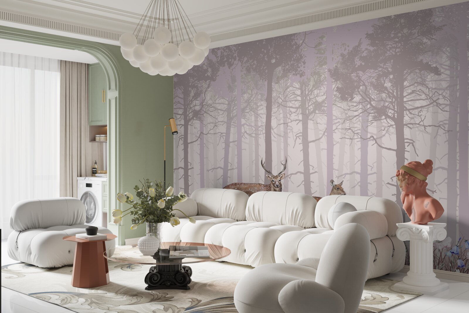 Fotobehang groep herten in een mistig dennenbos