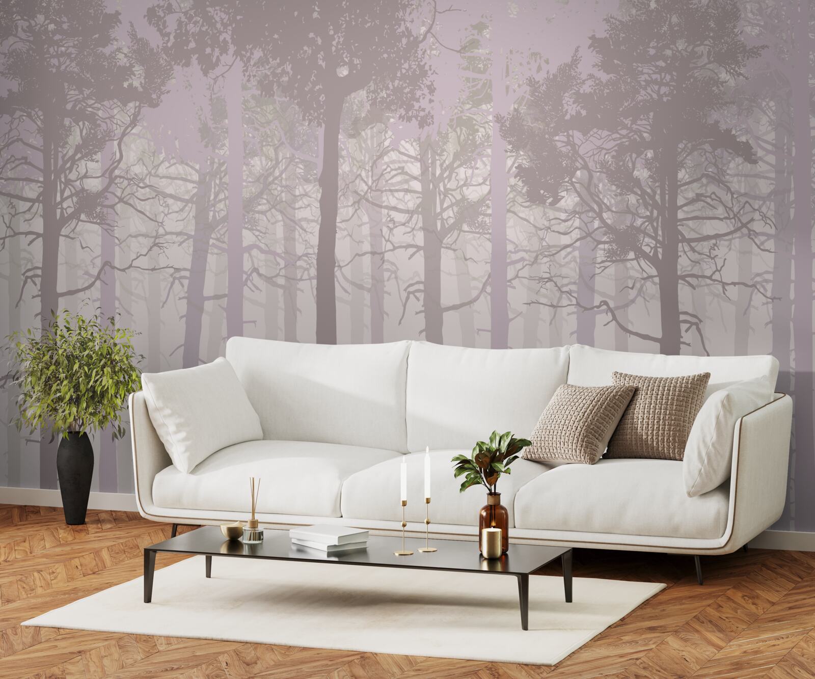 Fotobehang groep herten in een mistig dennenbos