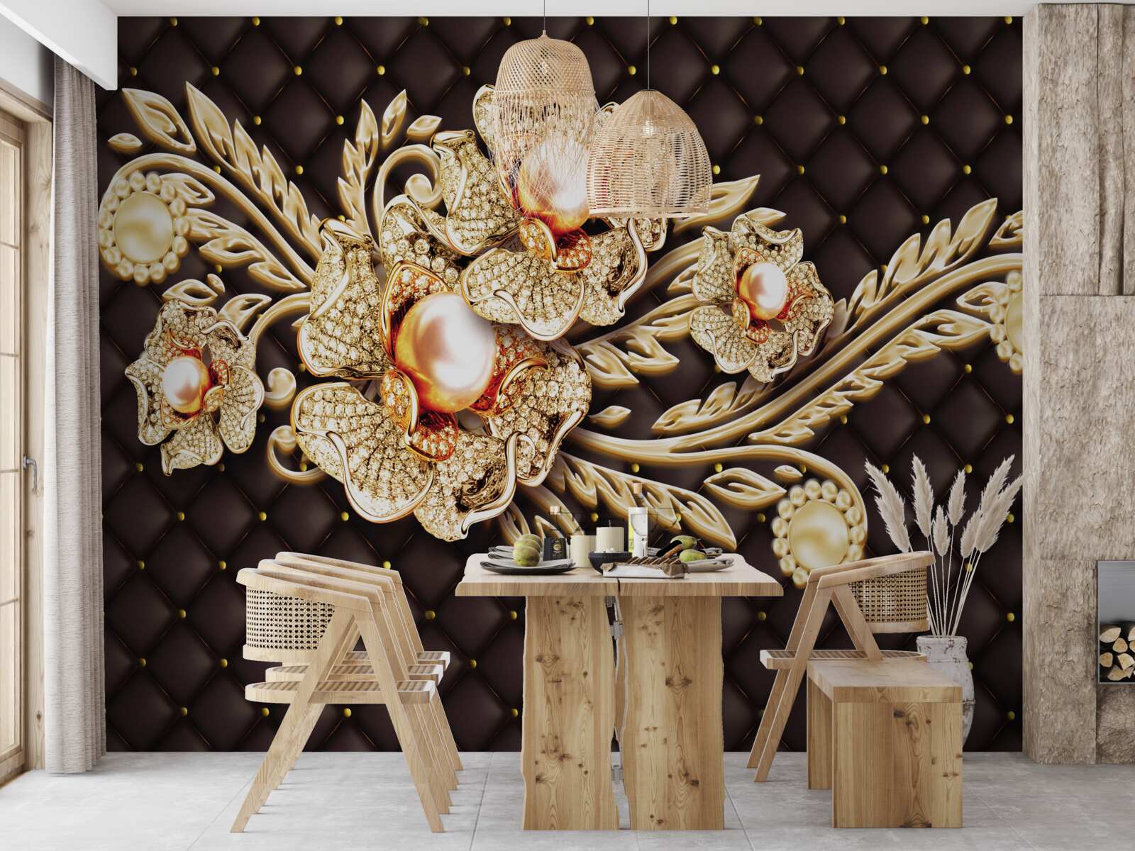 Fotobehang gouden bloemen versierd met edelstenen