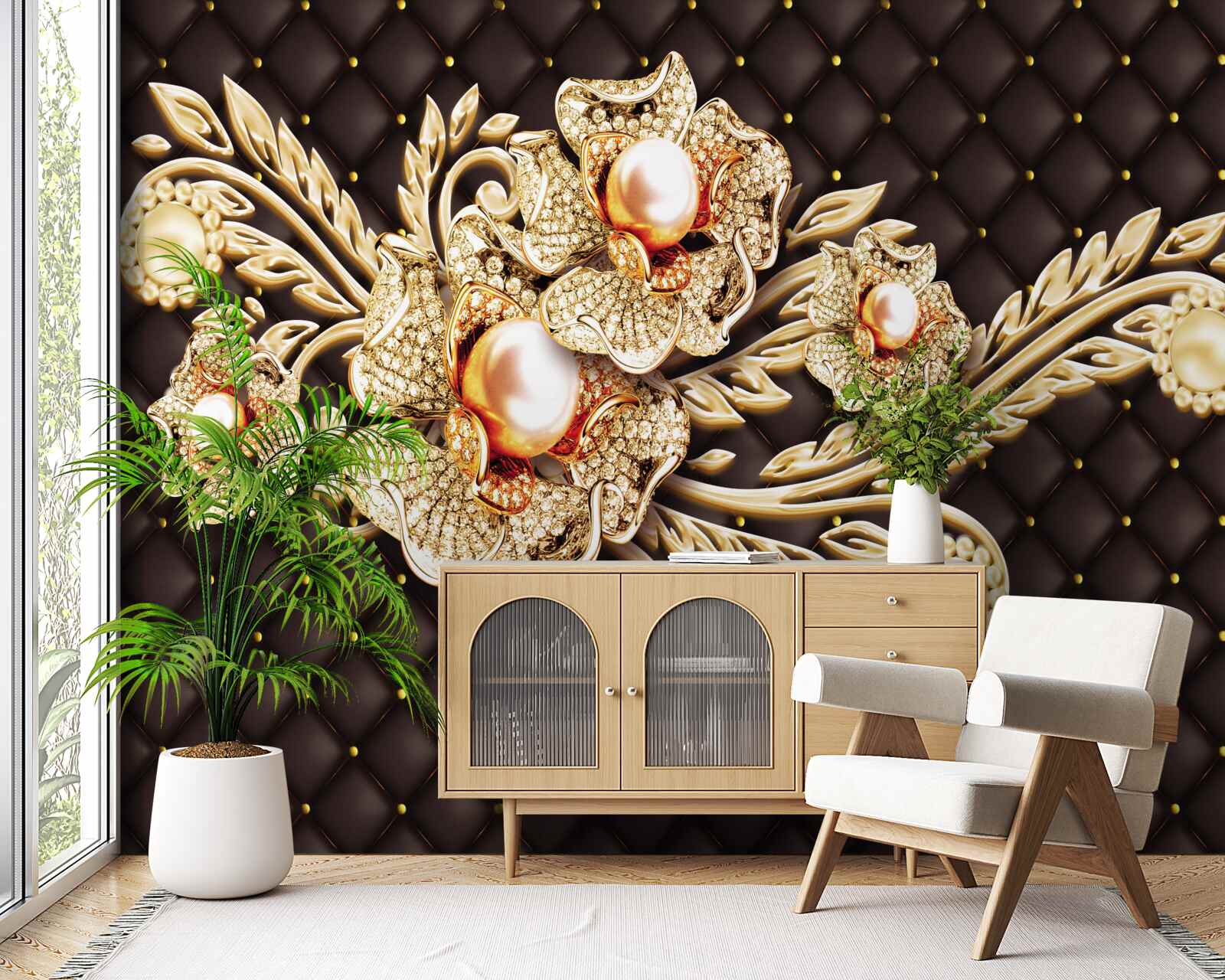 Fotobehang gouden bloemen versierd met edelstenen