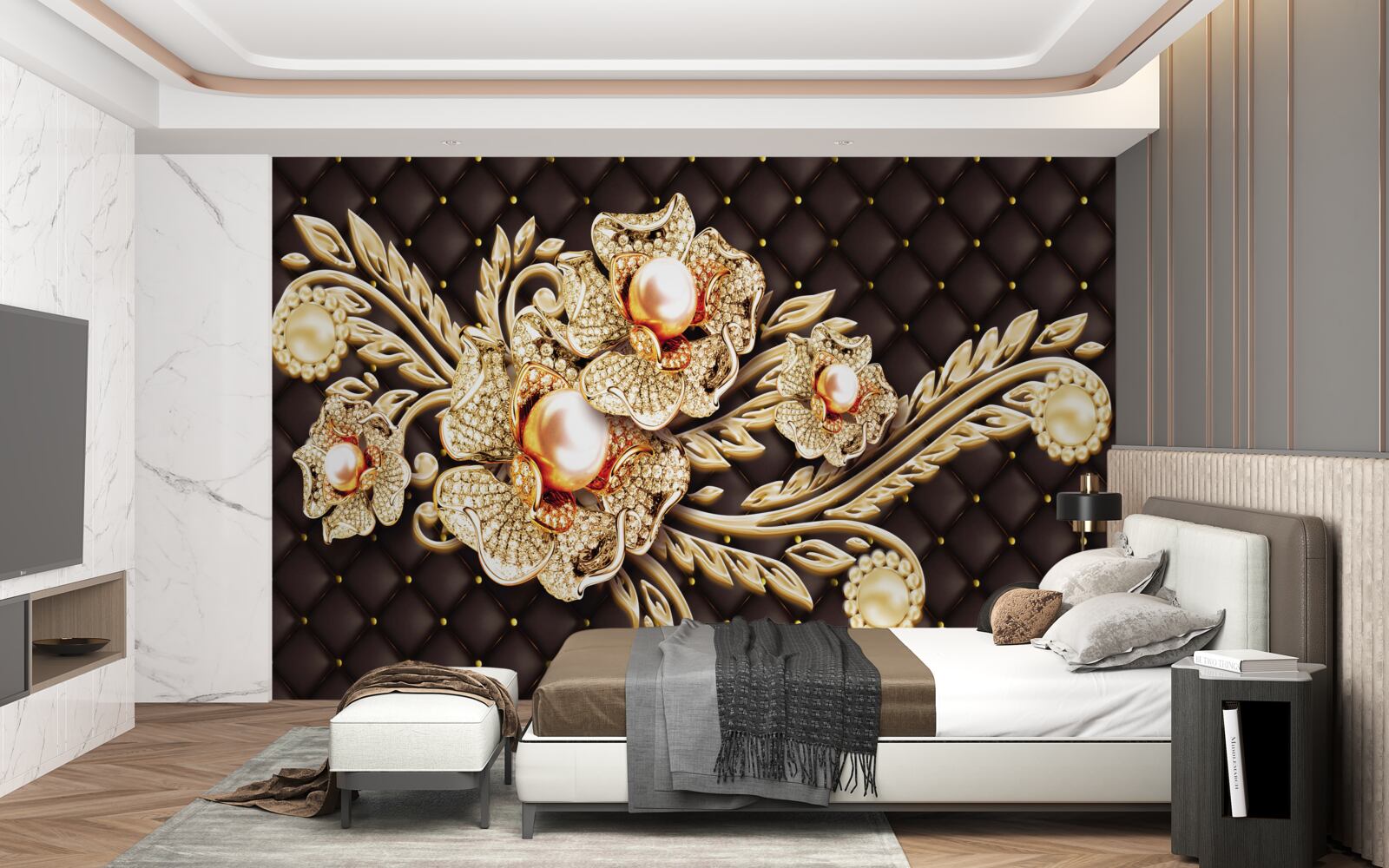 Fotobehang gouden bloemen versierd met edelstenen