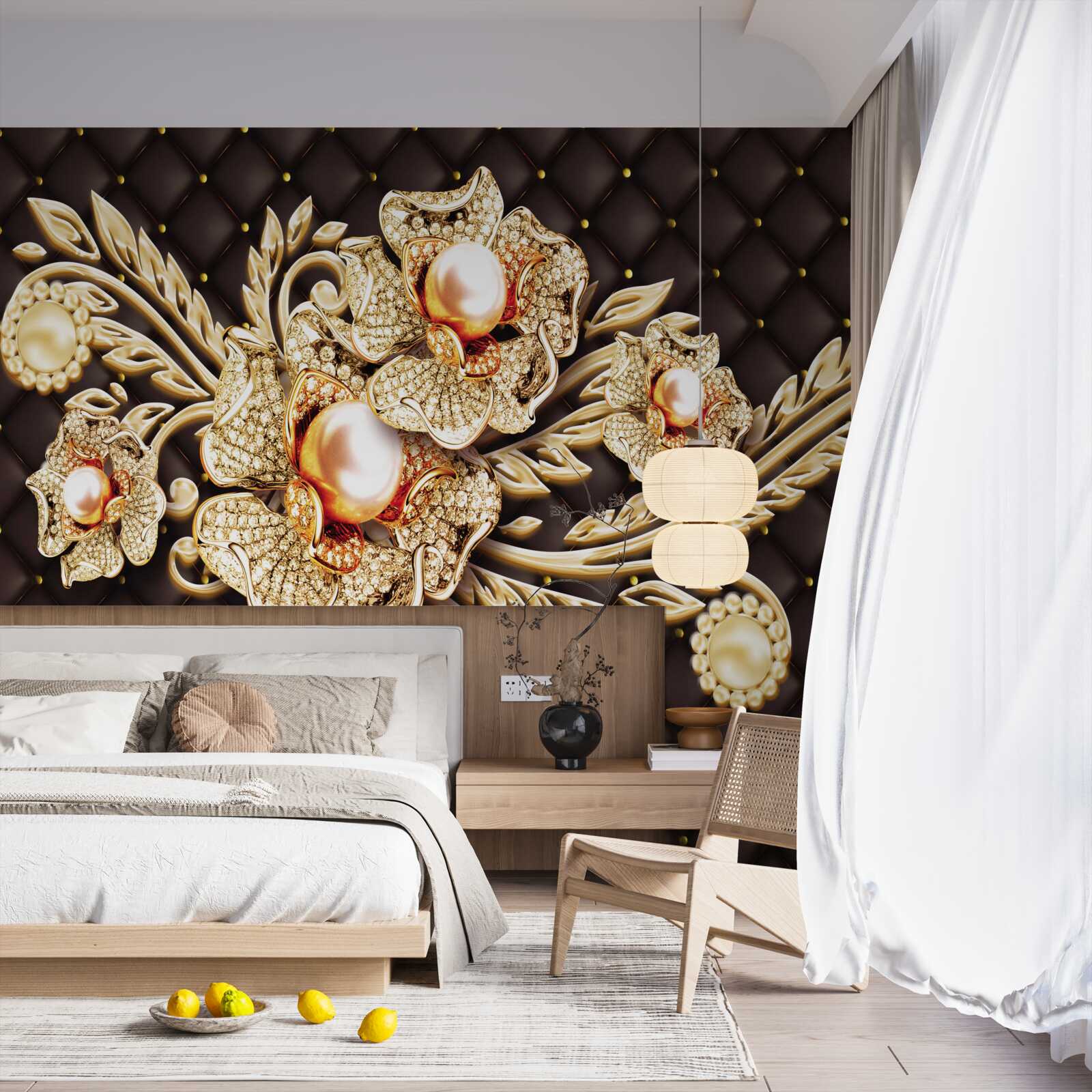 Fotobehang gouden bloemen versierd met edelstenen