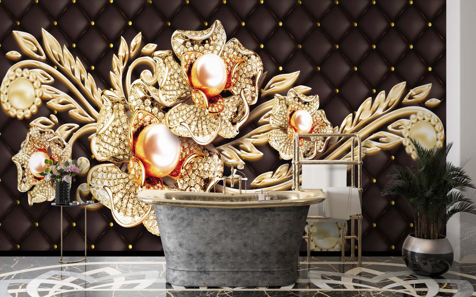 Fotobehang gouden bloemen versierd met edelstenen