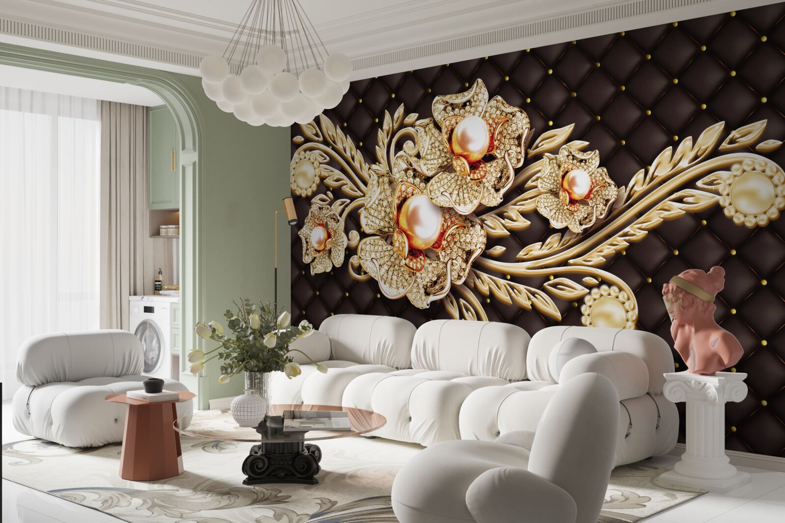 Fotobehang gouden bloemen versierd met edelstenen