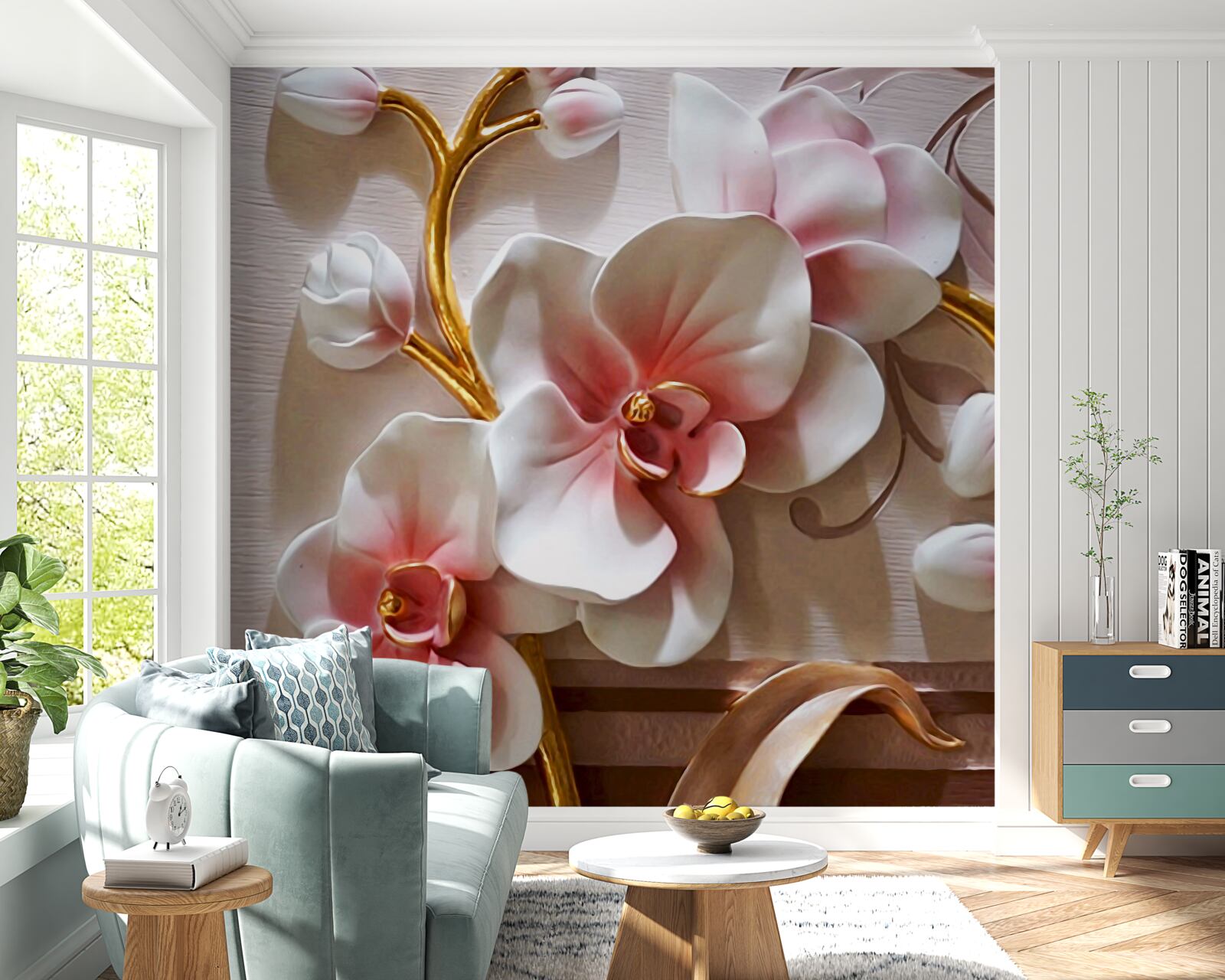 Fotobehang bloeiende majestueuze orchideeën en ongeopende knoppen