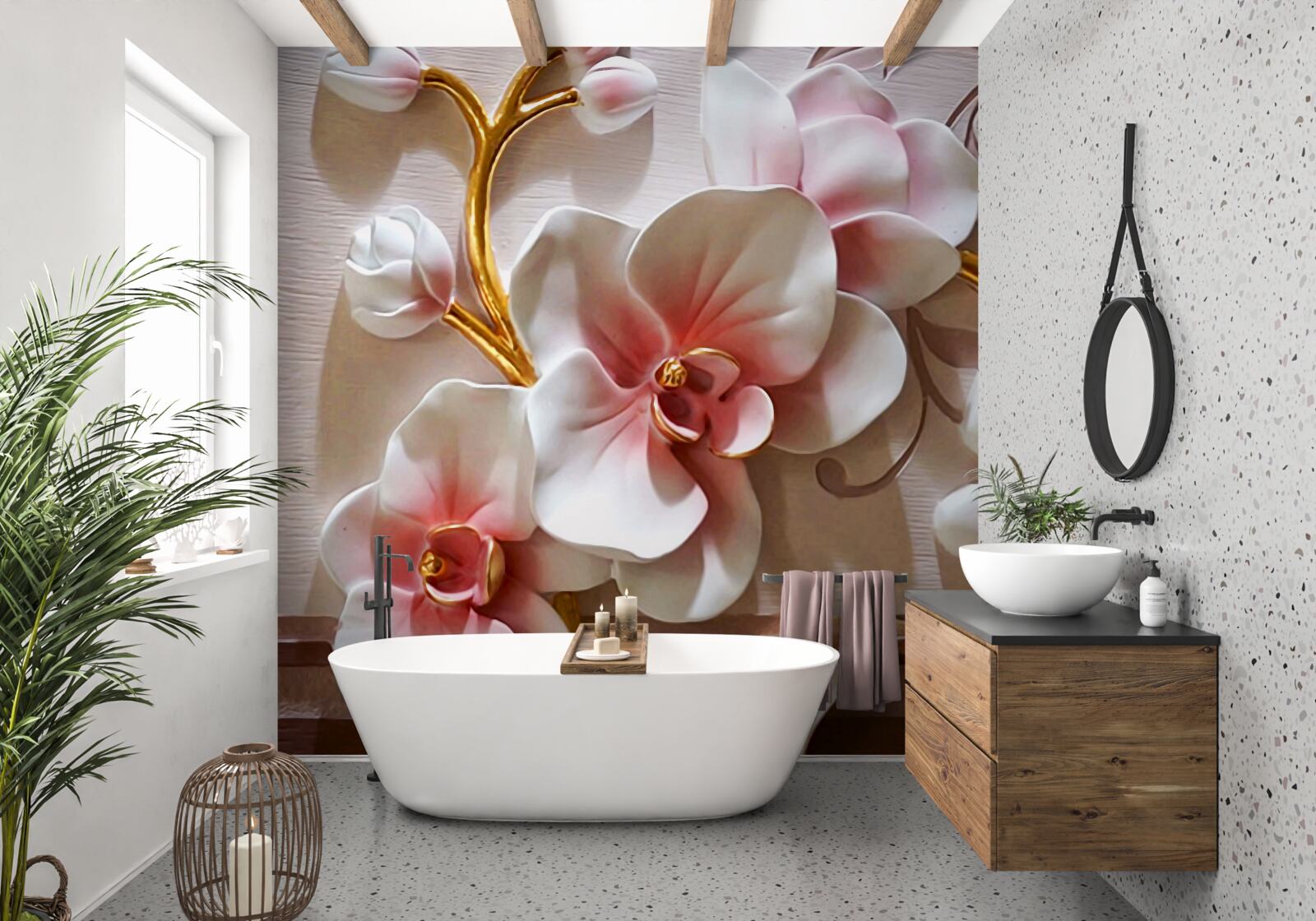 Fotobehang bloeiende majestueuze orchideeën en ongeopende knoppen