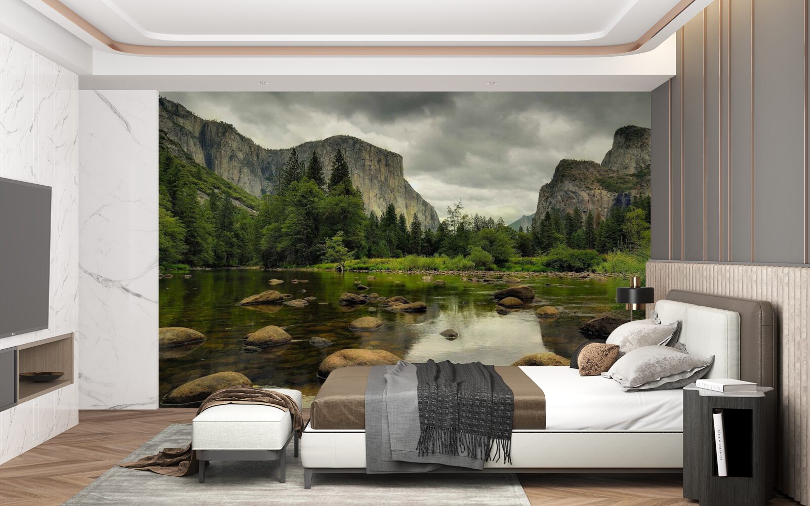 Fotobehang bewolkte dag bij een rivier in de bergen