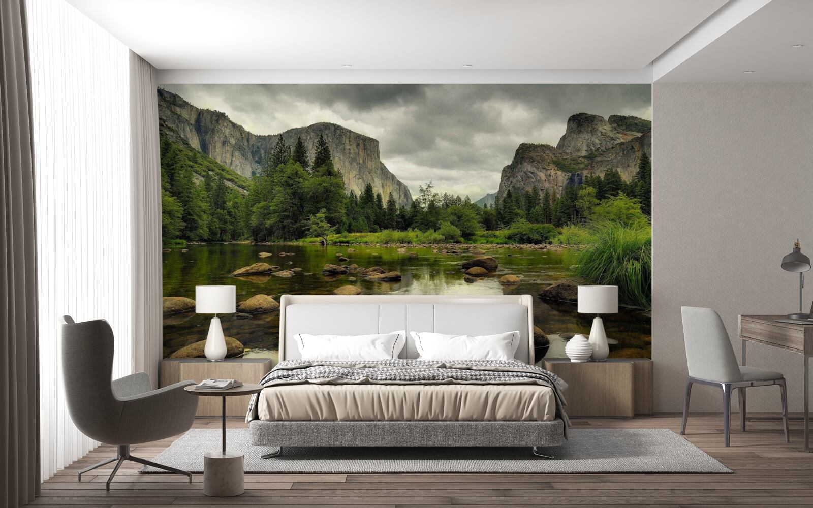 Fotobehang bewolkte dag bij een rivier in de bergen