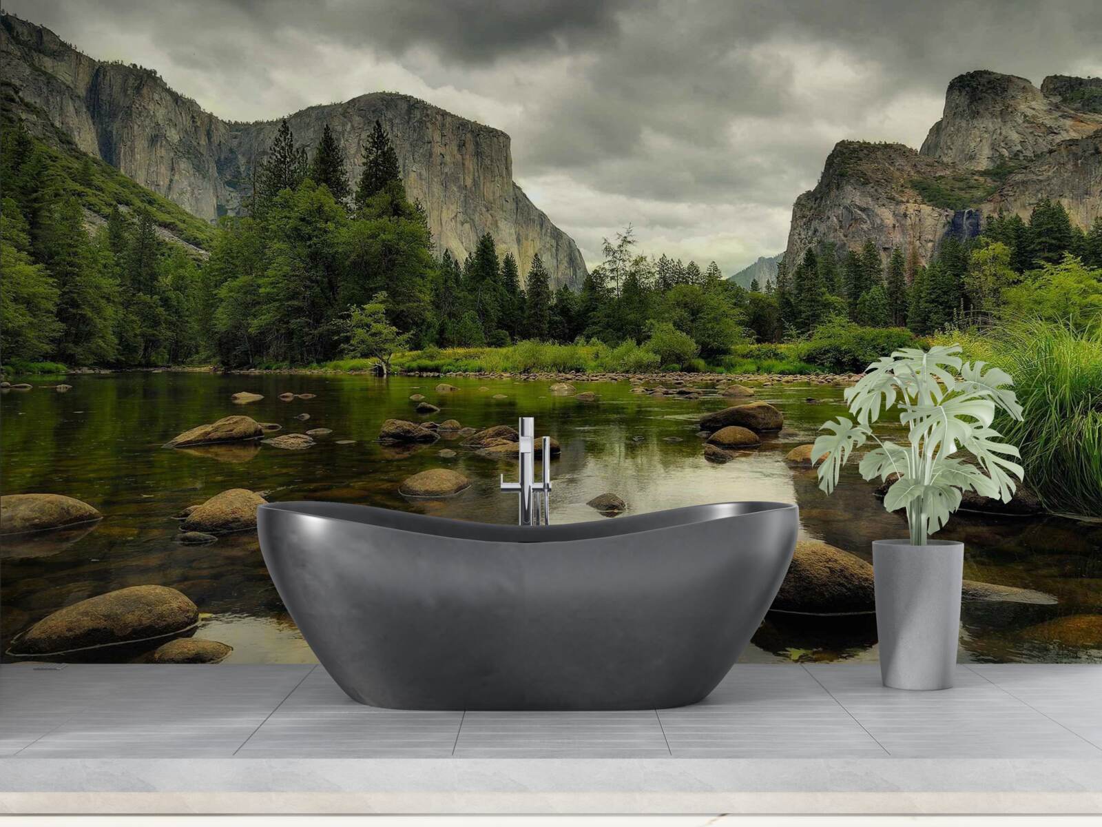 Fotobehang bewolkte dag bij een rivier in de bergen