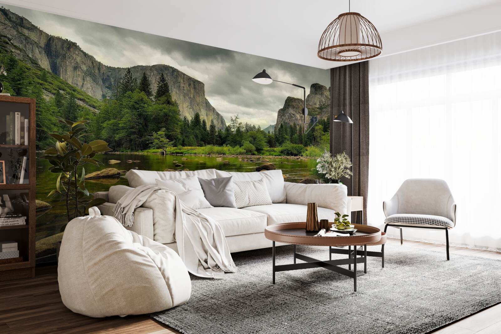 Fotobehang bewolkte dag bij een rivier in de bergen