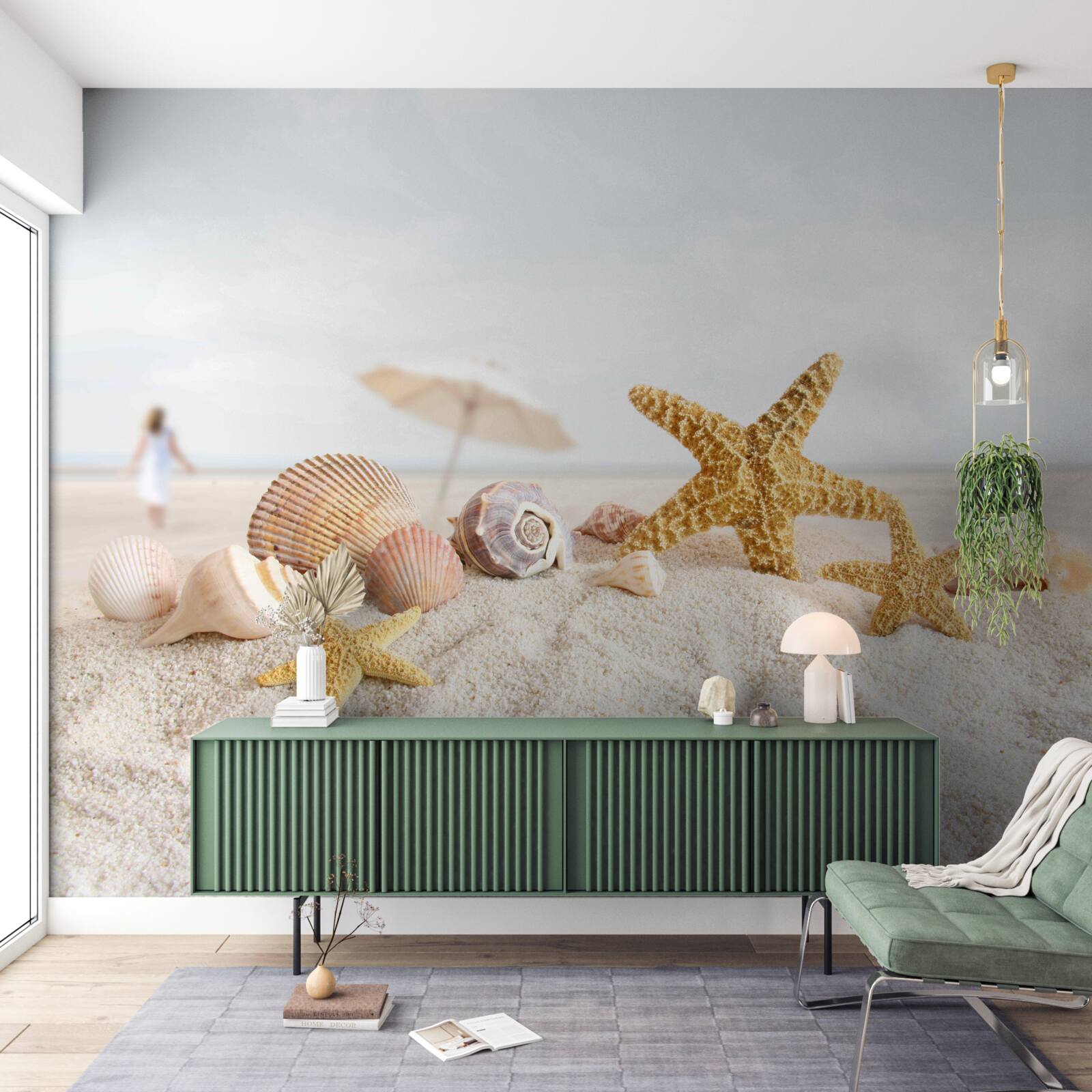 Fotobehang zeesterren en schelpen liggen op het zand