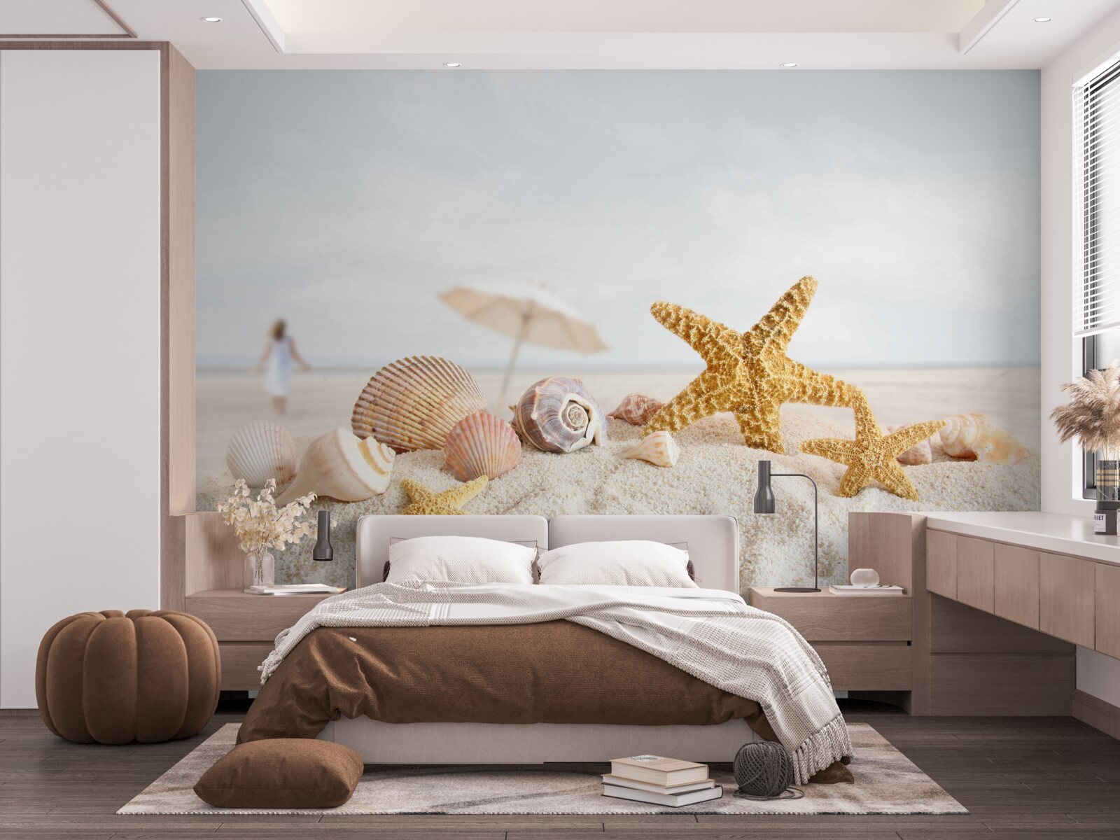 Fotobehang zeesterren en schelpen liggen op het zand