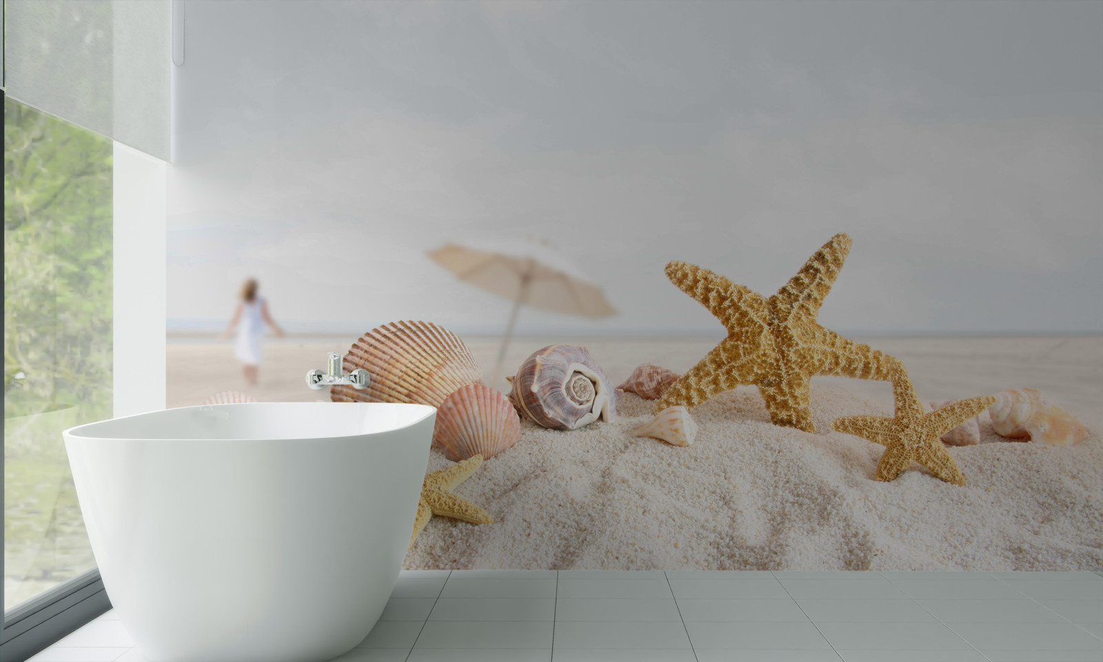 Fotobehang zeesterren en schelpen liggen op het zand