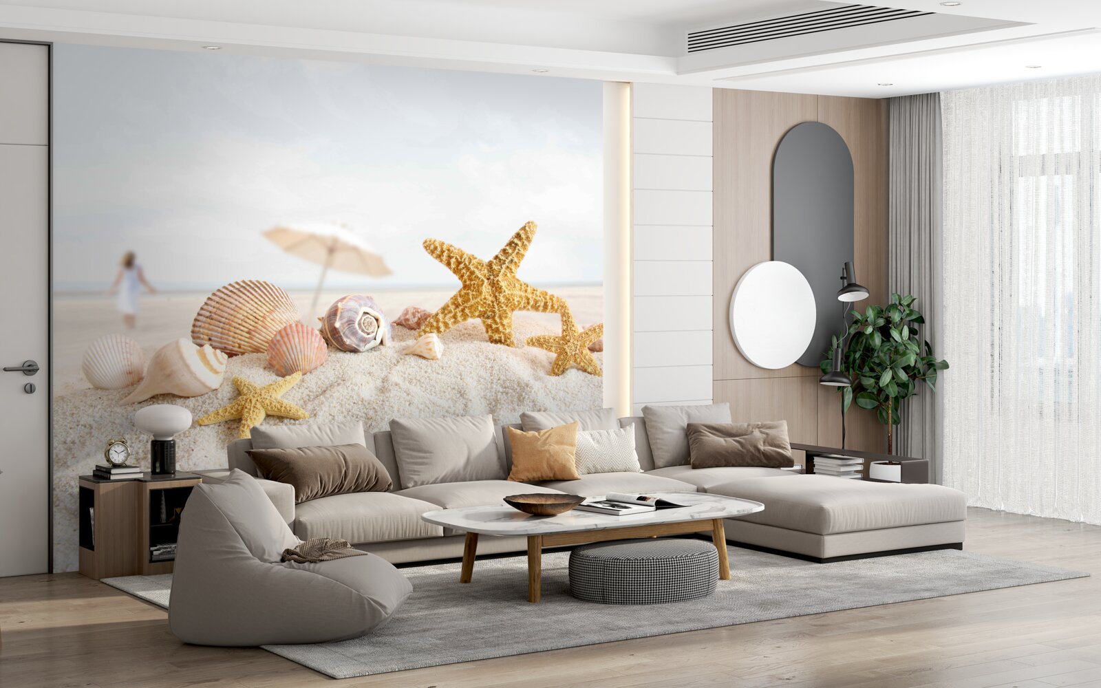 Fotobehang zeesterren en schelpen liggen op het zand