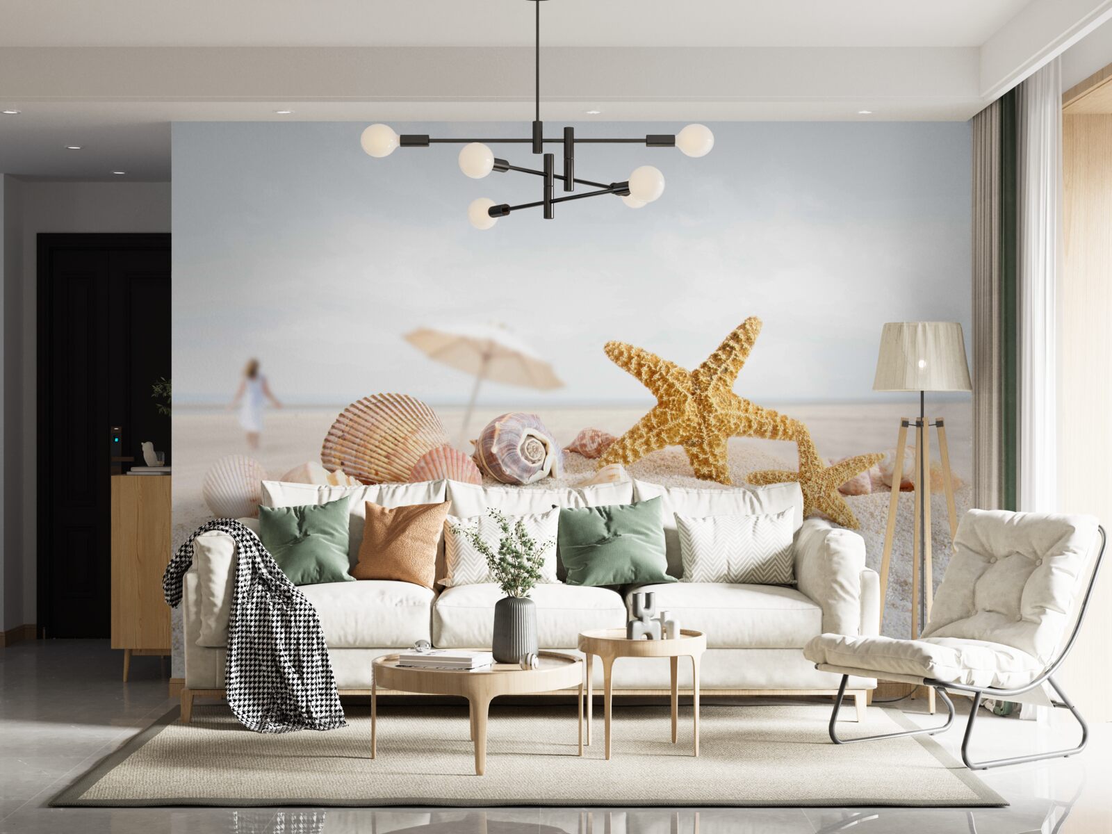 Fotobehang zeesterren en schelpen liggen op het zand