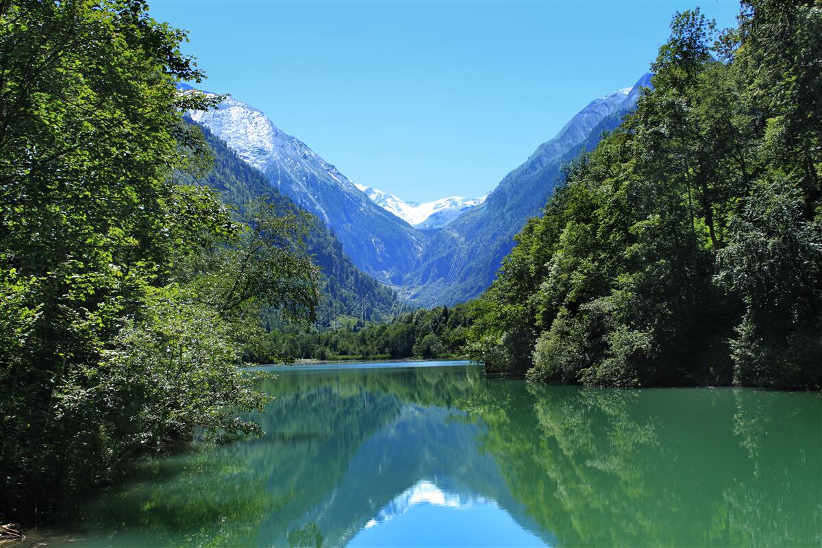 Fotobehang een rustig stuwmeer verborgen in het dichte bos op de hellingen van de bergen
