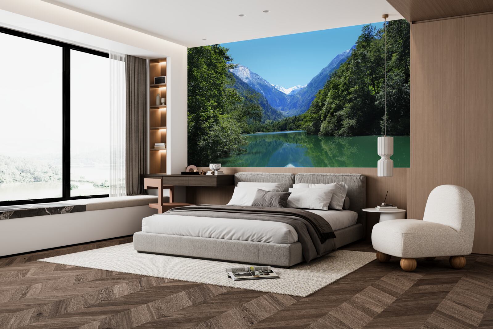 Fotobehang een rustig stuwmeer verborgen in het dichte bos op de hellingen van de bergen