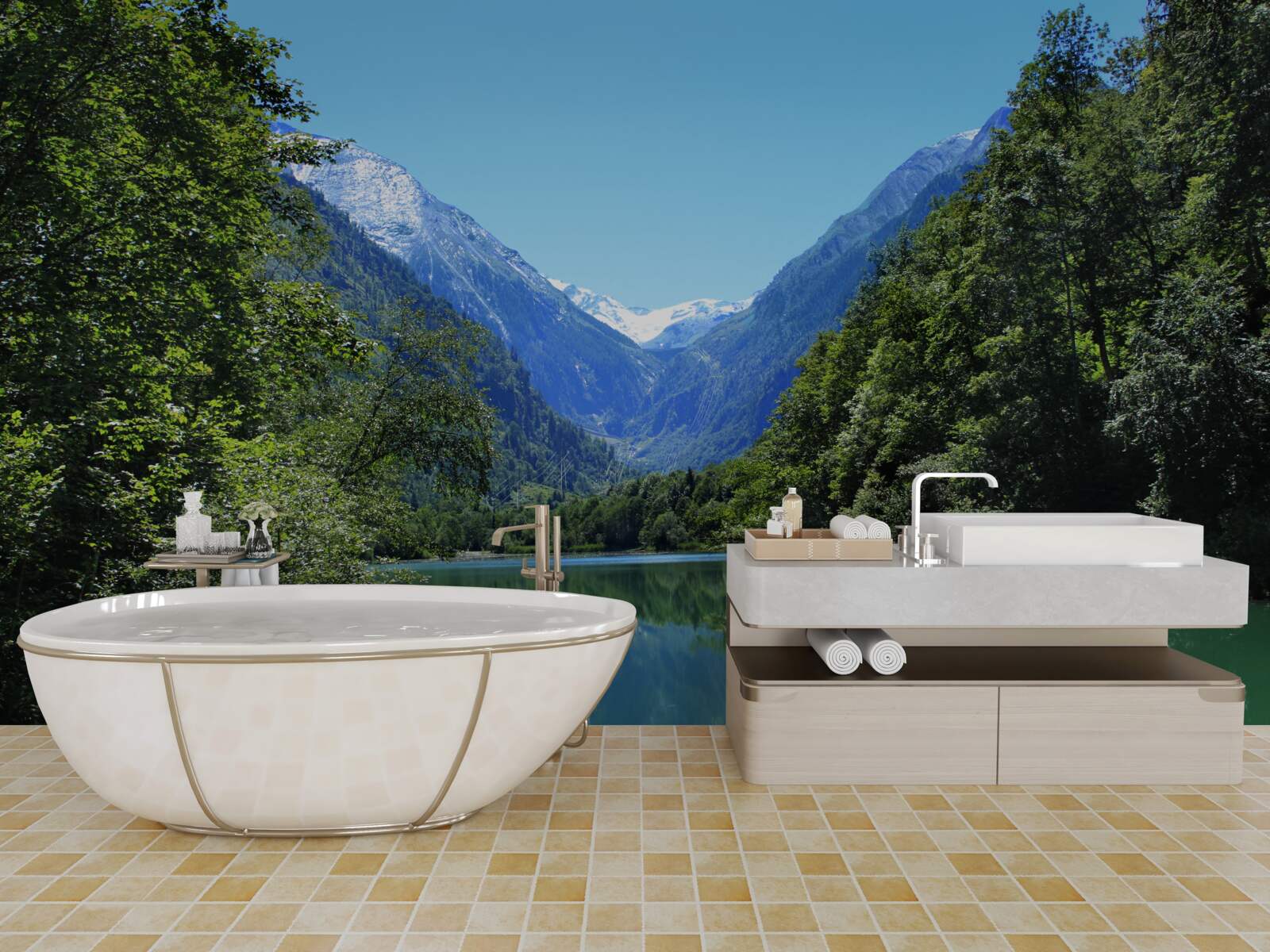 Fotobehang een rustig stuwmeer verborgen in het dichte bos op de hellingen van de bergen