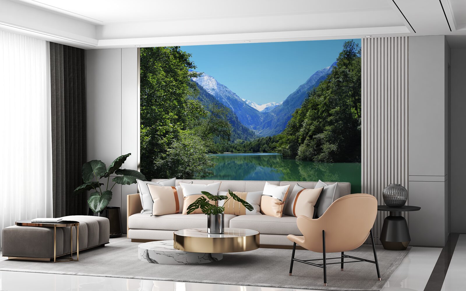 Fotobehang een rustig stuwmeer verborgen in het dichte bos op de hellingen van de bergen