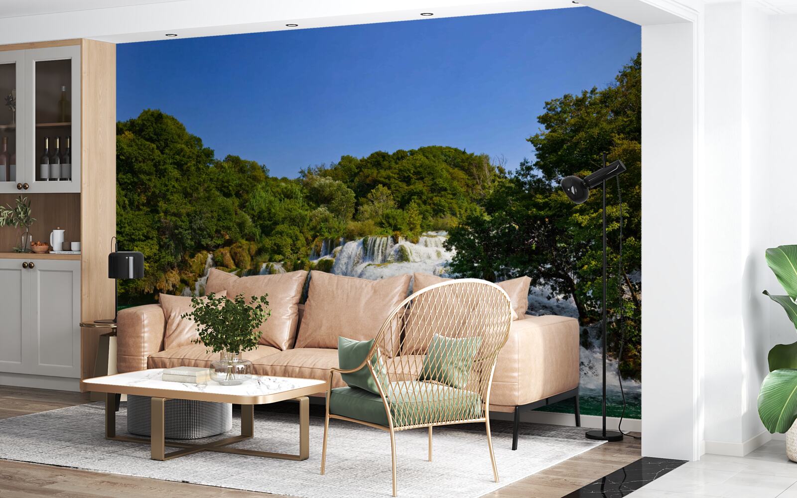 Fotobehang uitzicht op bospaden en donderende watervallen