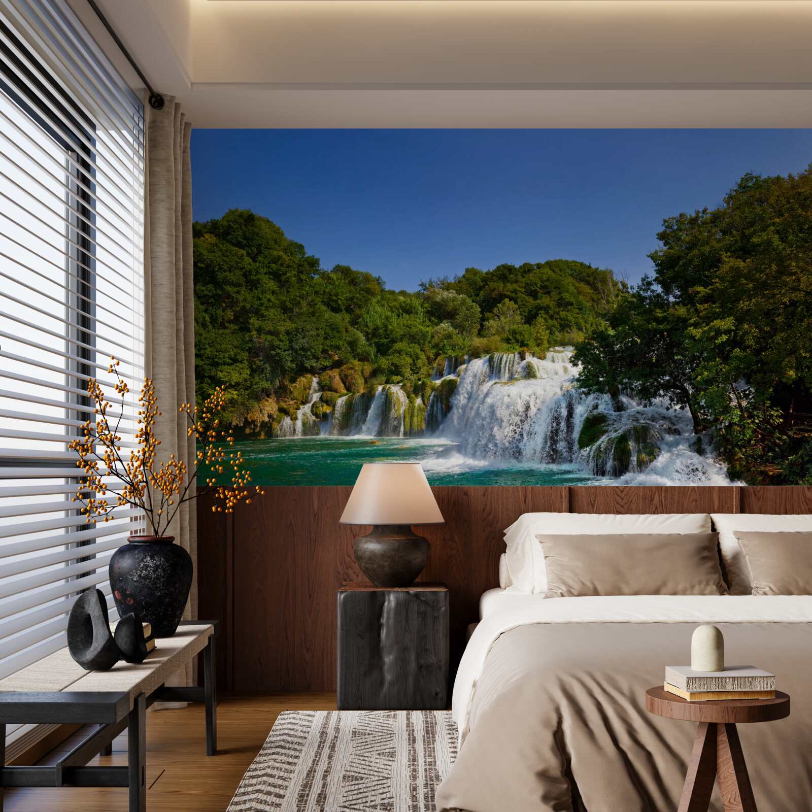 Fotobehang uitzicht op bospaden en donderende watervallen