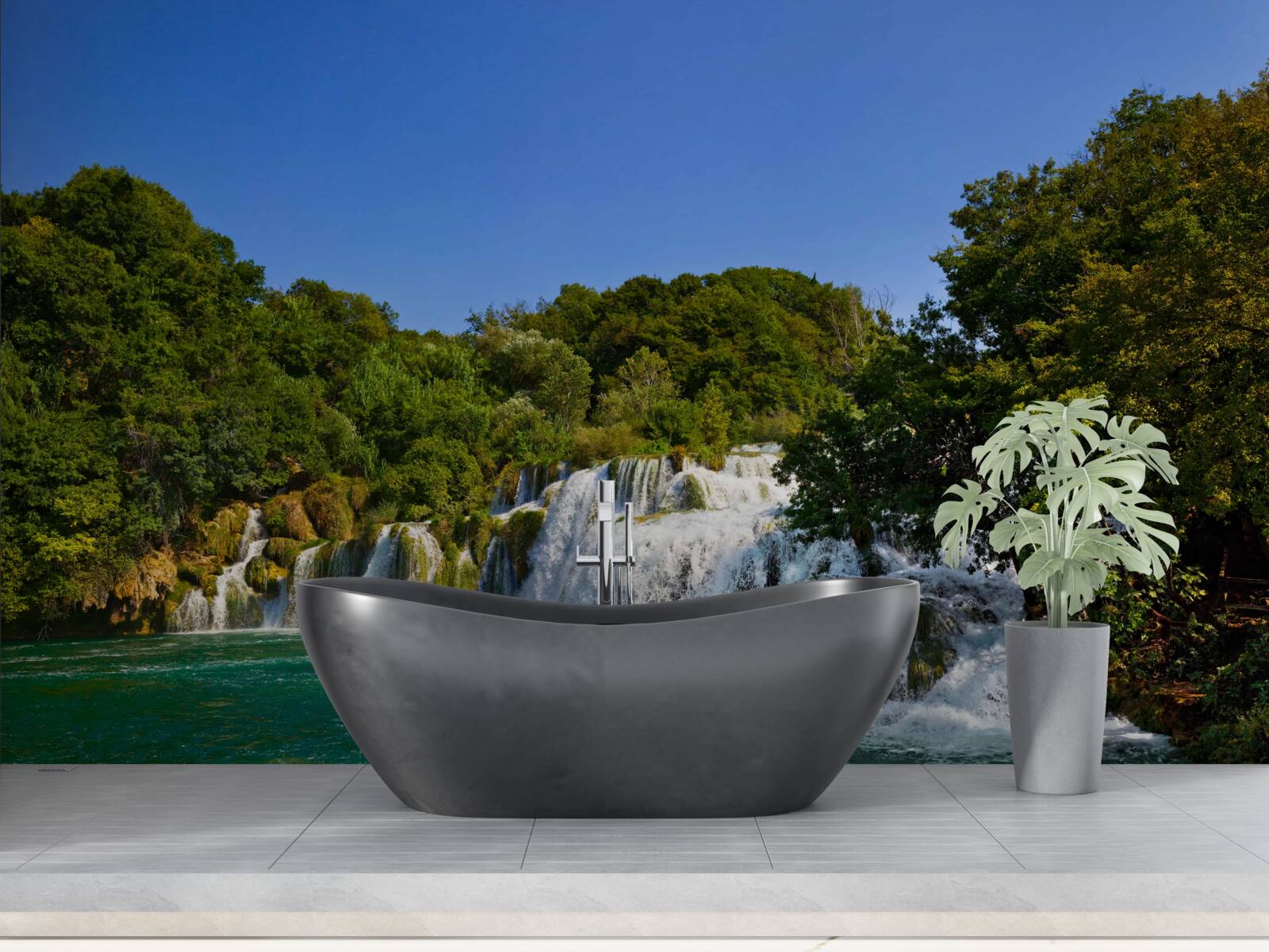 Fotobehang uitzicht op bospaden en donderende watervallen