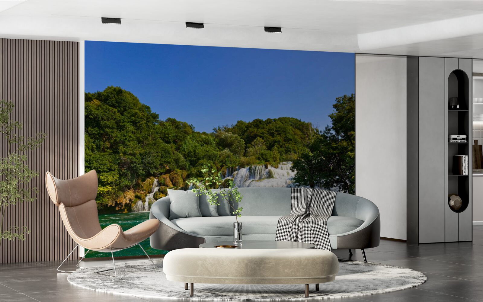 Fotobehang uitzicht op bospaden en donderende watervallen