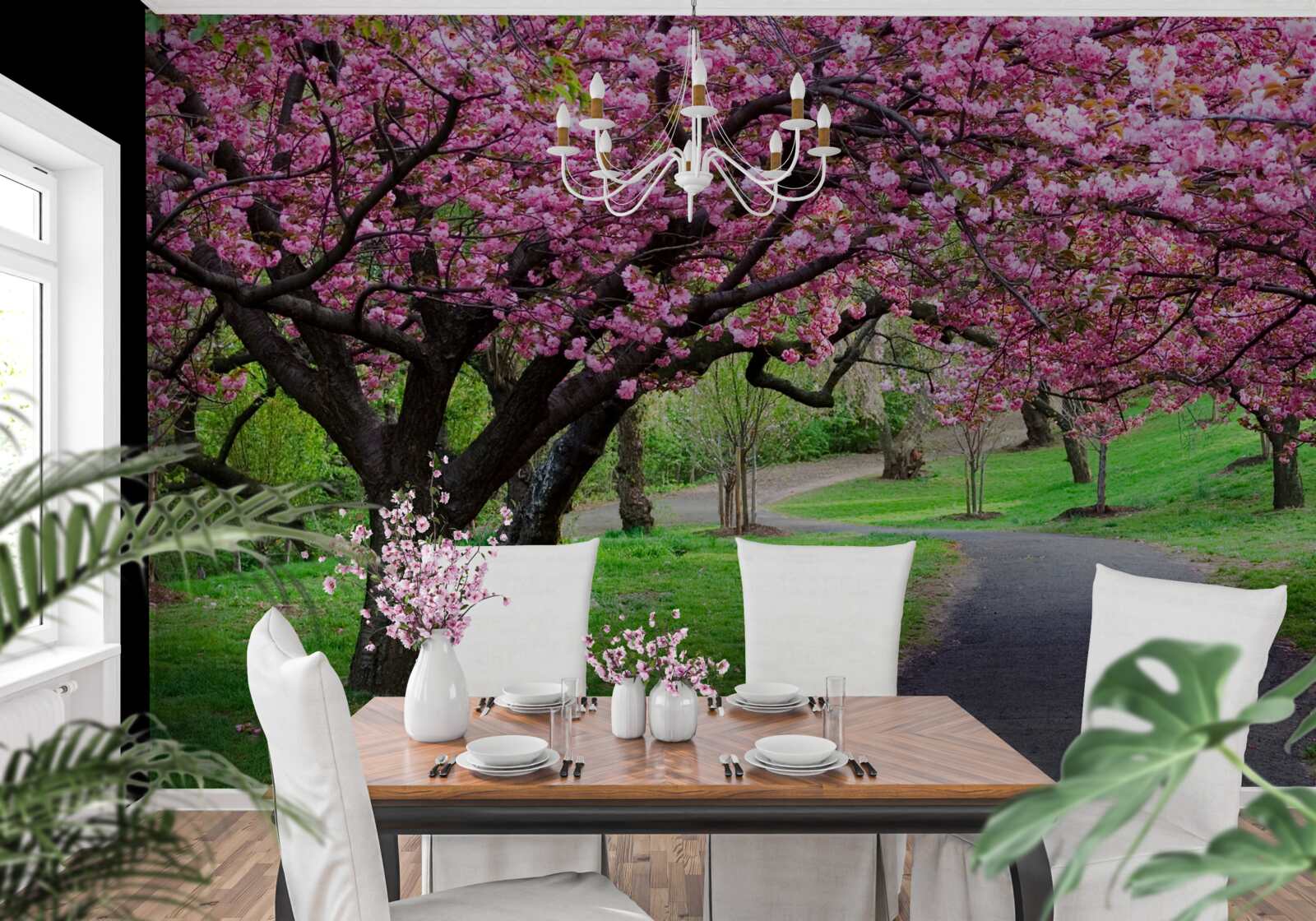 Fotobehang een laan in het park bezaaid met bloemen