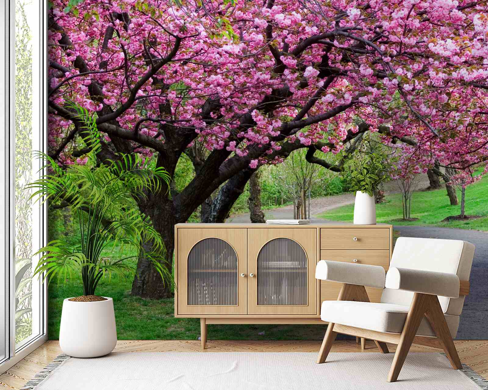 Fotobehang een laan in het park bezaaid met bloemen