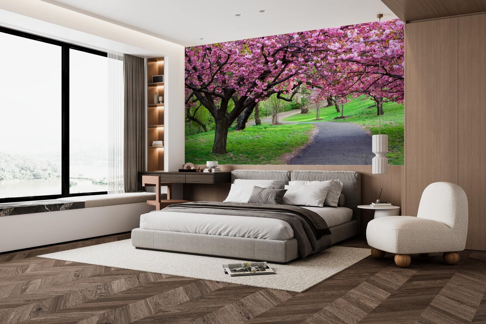 Fotobehang een laan in het park bezaaid met bloemen