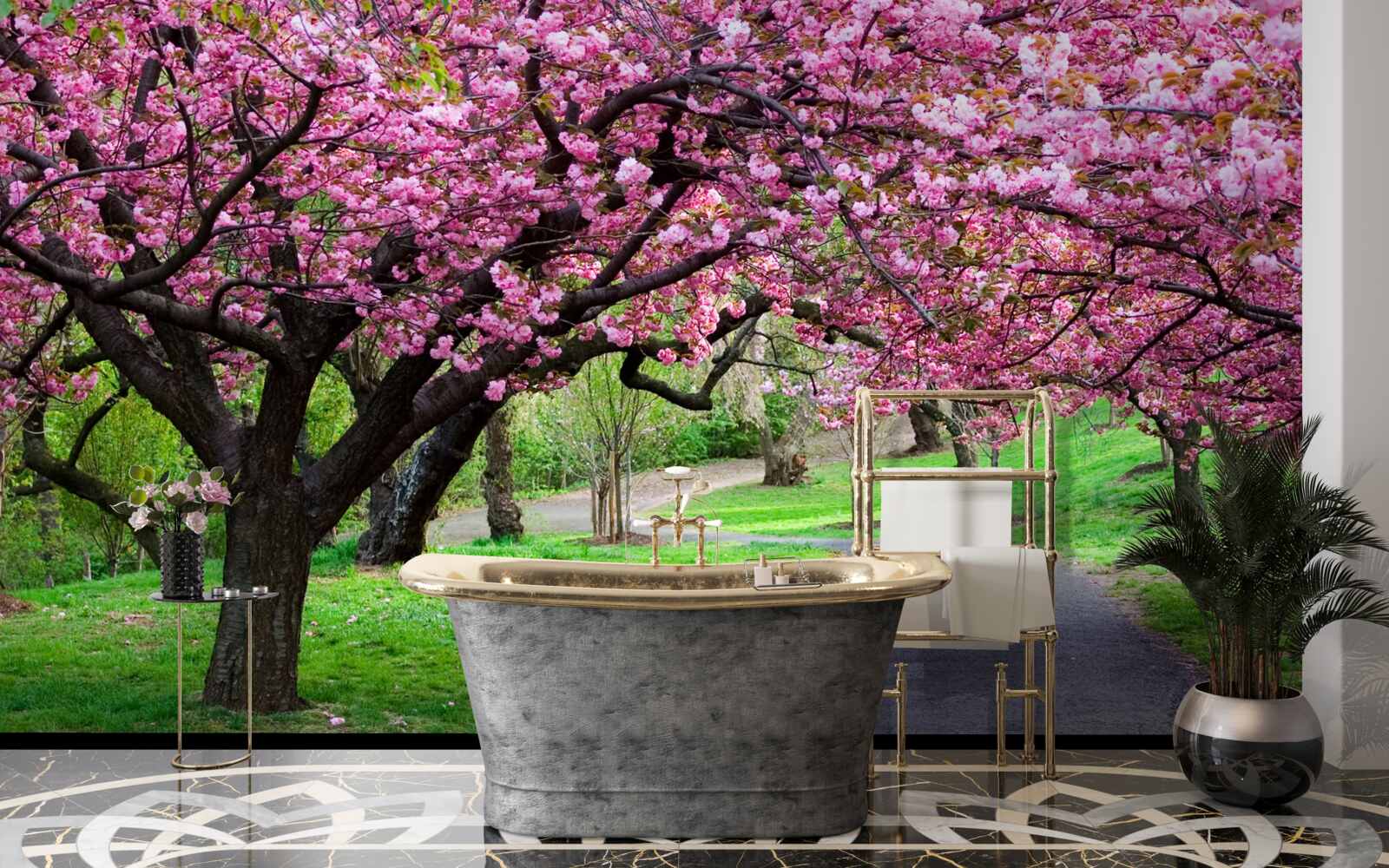 Fotobehang een laan in het park bezaaid met bloemen