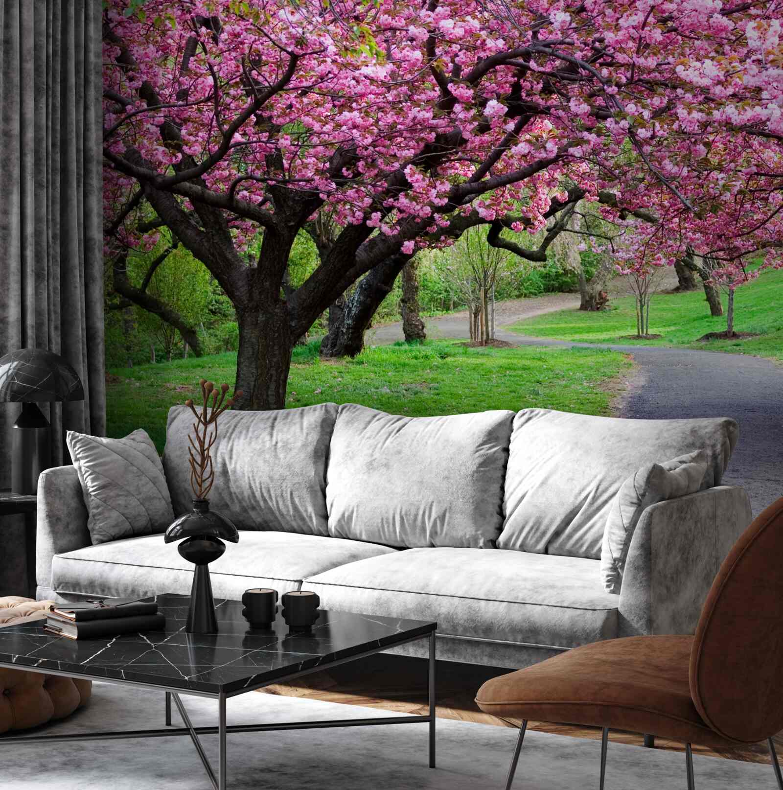 Fotobehang een laan in het park bezaaid met bloemen