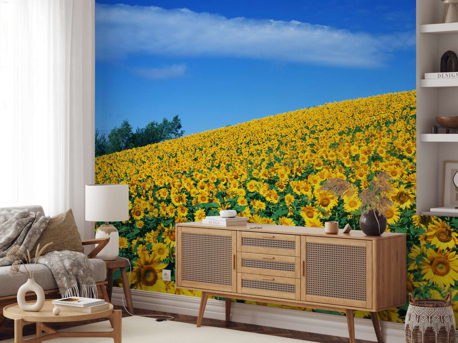 Fotobehang Een geweldige ruimte met zonnebloemen