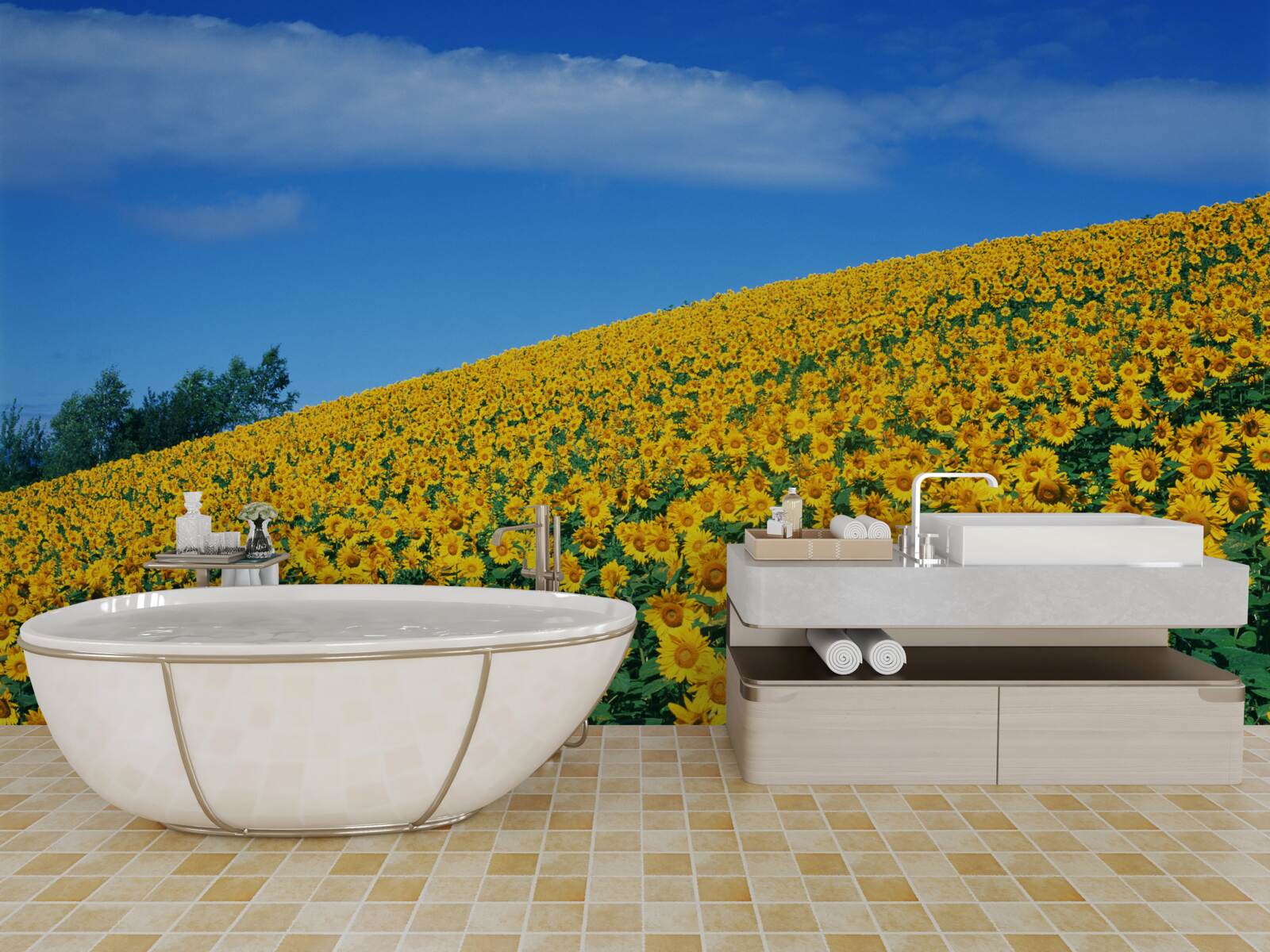 Fotobehang Een geweldige ruimte met zonnebloemen